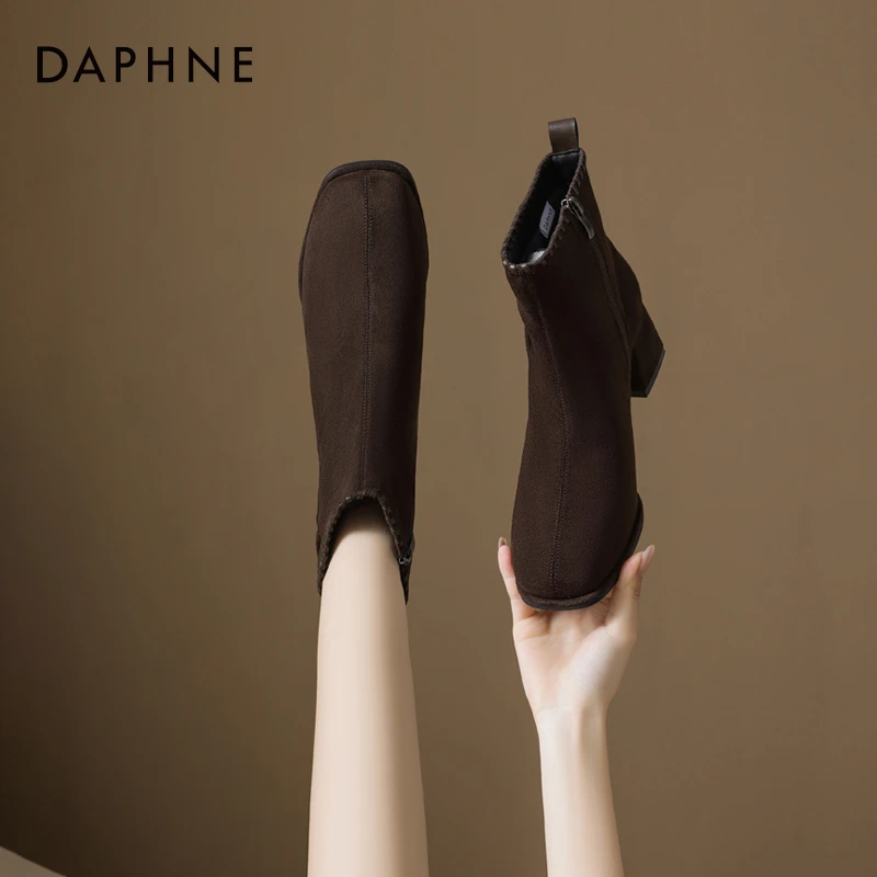 达芙妮品牌正品短靴女2025秋季复古中筒瘦瘦时装靴方头粗跟高跟靴