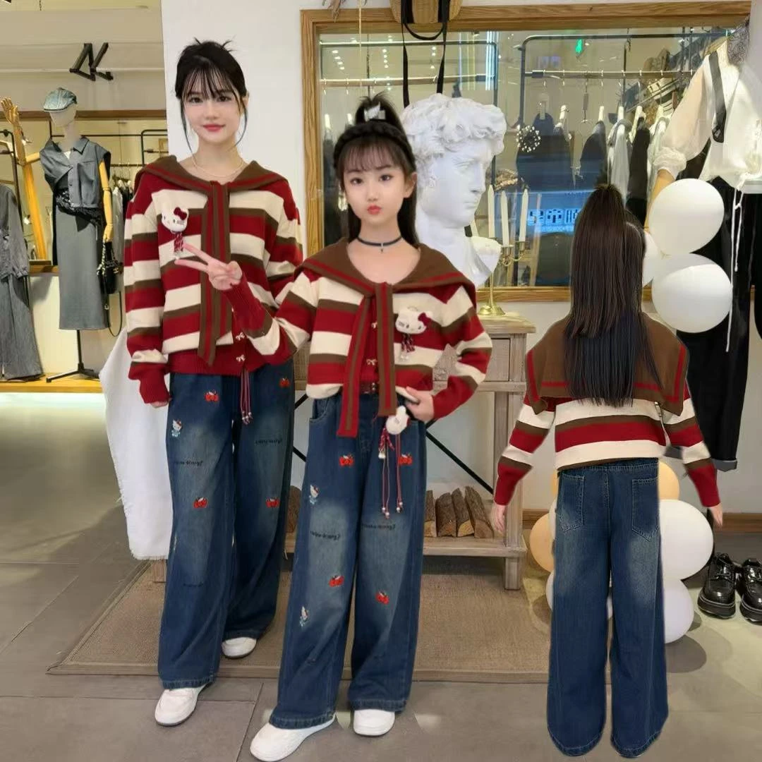 2025韩系女童中大童条纹KT猫条纹针织毛衣上衣百搭刺绣直筒裤套装