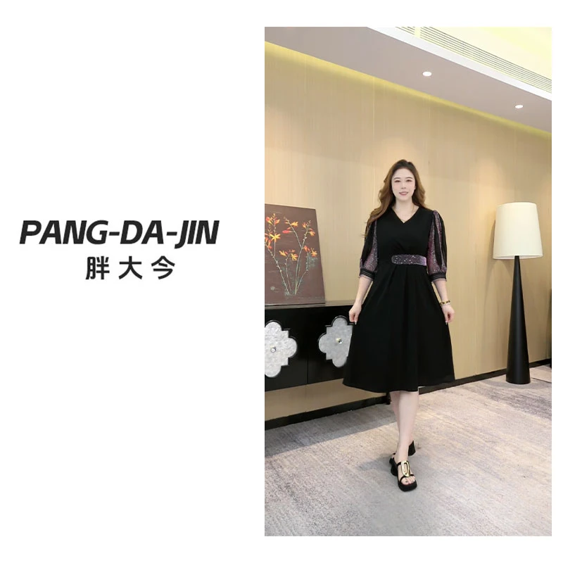 胖大今定制大码女装气质连衣裙夏季新款七分袖显瘦亮片裙子ZB6844