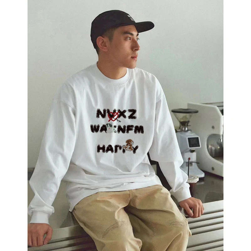 美式模糊字母束口重磅长袖T恤男秋冬宽松纯棉上衣街头痞帅打底衫