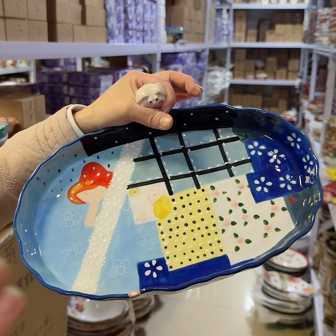 瓷拼布蓝色椭圆烤盘一只