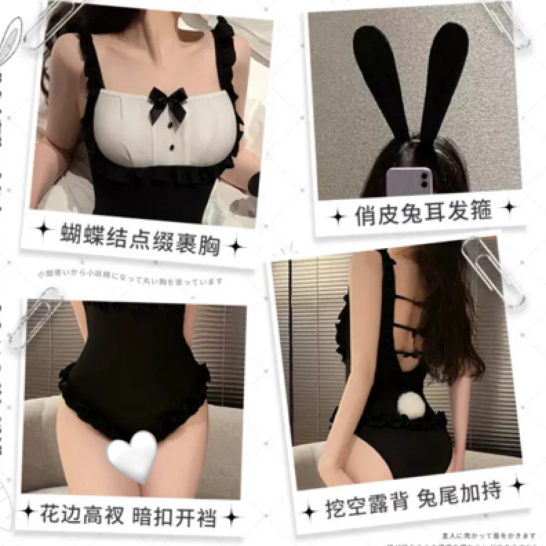 可爱日系女仆连体泳衣荷叶边设计显瘦保守小胸款
