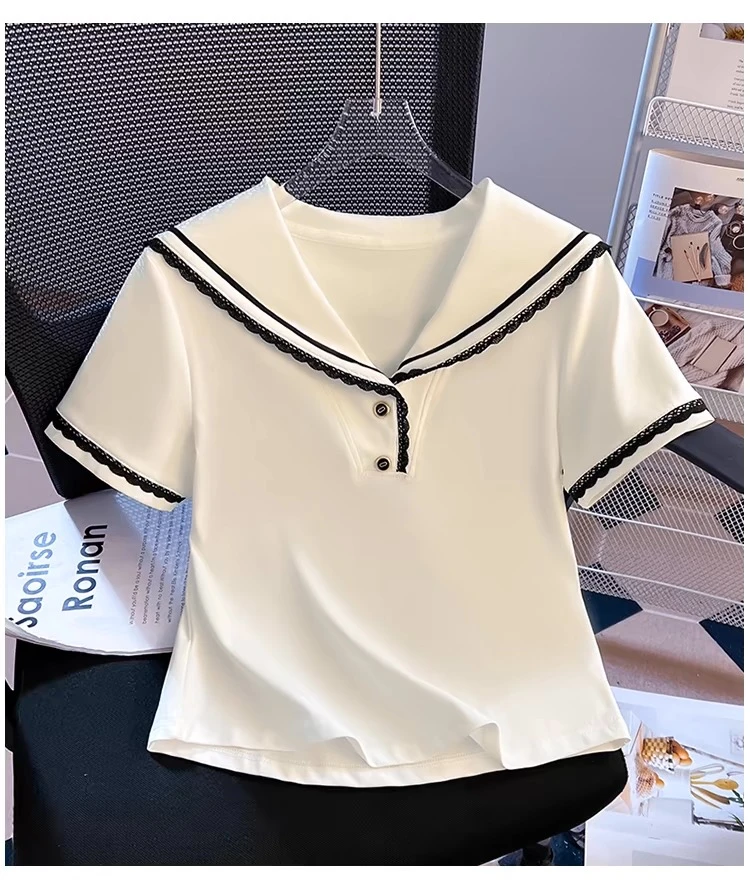 女童海军领娃娃领短袖白色T恤2025夏季新款蕾丝上衣中大童洋气潮