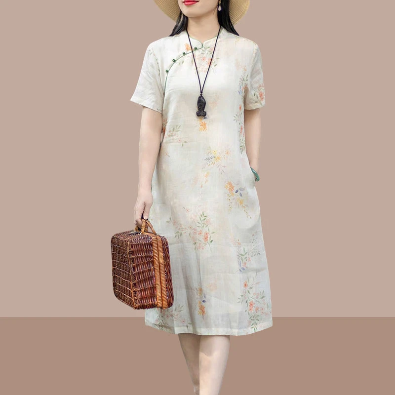 新国风苎麻棉改良旗袍2025夏新款宽松休闲立领斜襟a字禅意连衣裙