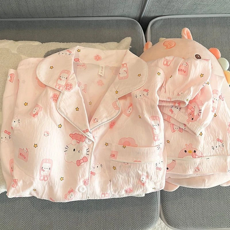 『粉色KT猫』短袖三件套新款夏季卡通休闲舒适开衫少女学生睡衣