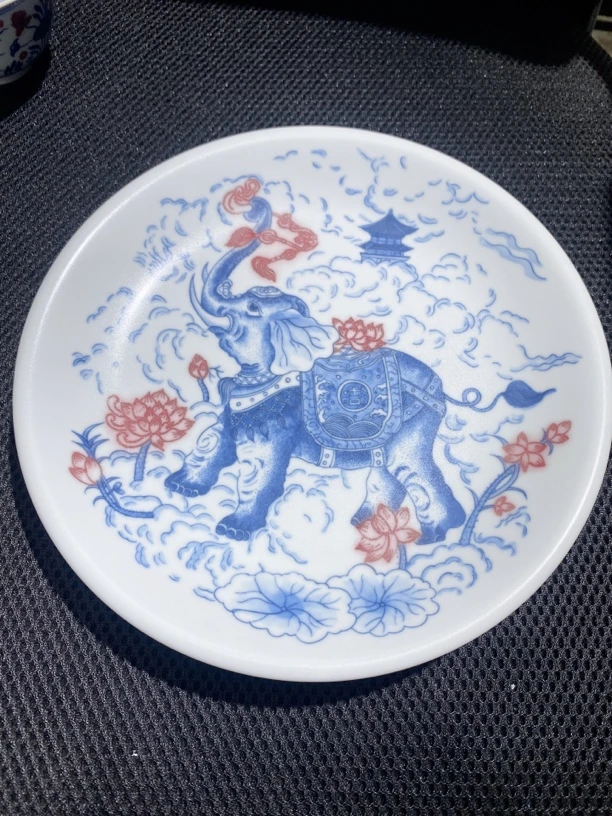 景德镇纯手工手绘青花釉里红吉祥如意点工大象直径19.5赏盘壶承