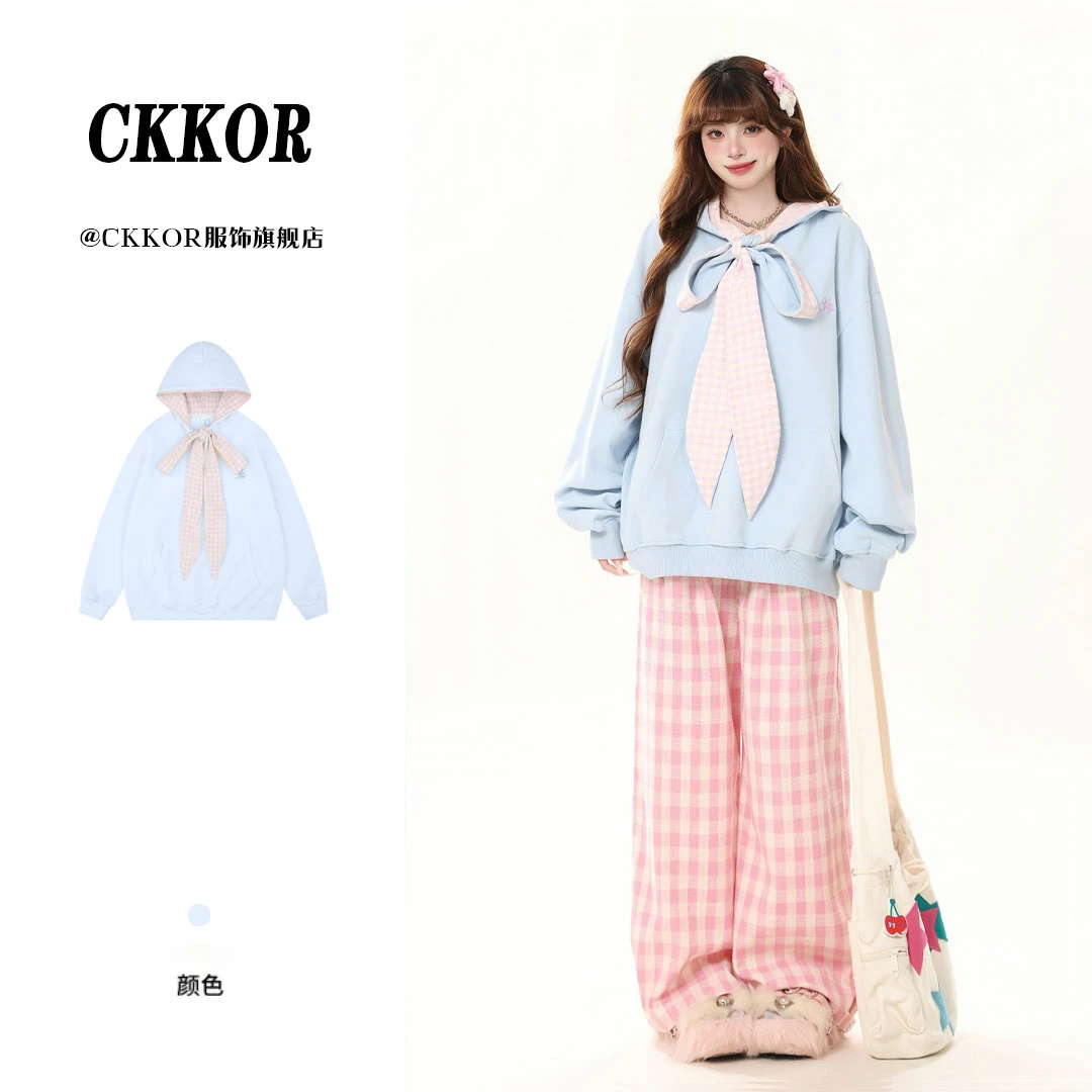 CKKOR少女风格子围巾领连帽卫衣女早秋爆款小众甜美可爱风格衣服