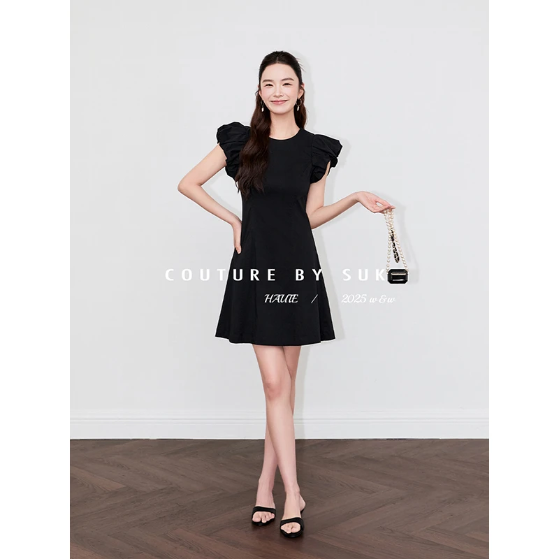 SUK【甜心少女】法式小飞袖圆领显瘦修身气质收腰连衣裙女SK5278