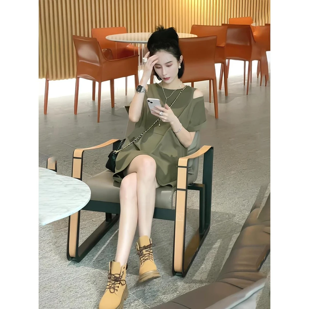 新款气质显瘦收腰A字T恤时尚连衣裙女款绿色短款宽松秋季女裙子