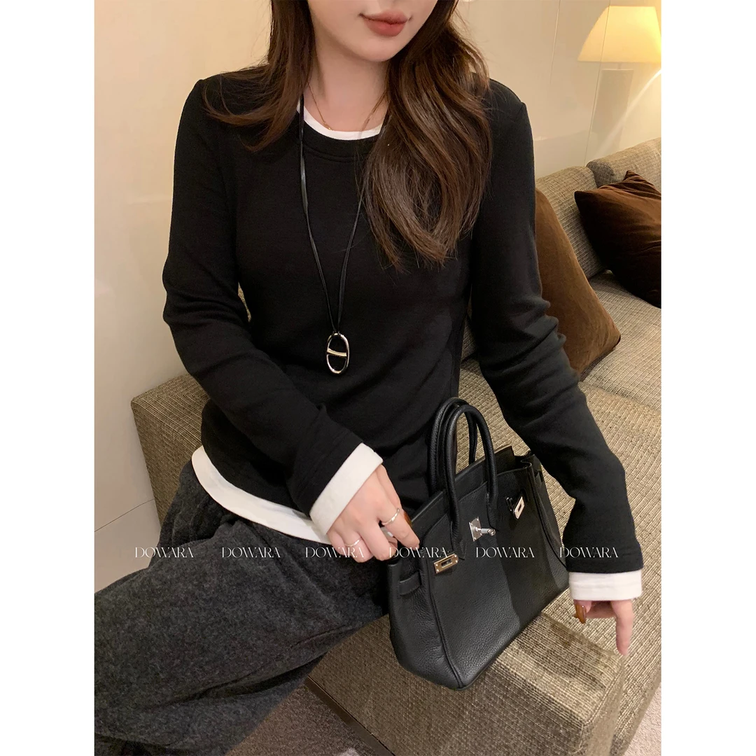 大婉酱微胖定制【淡系内搭】简约拼色宽松显瘦内搭打底衫t恤女3163D