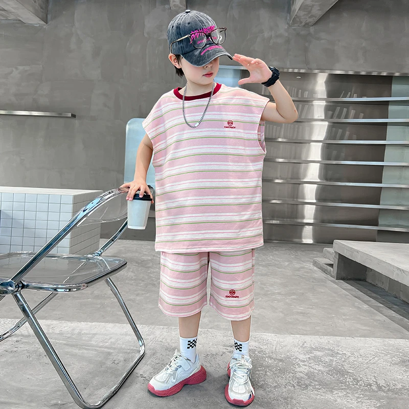 男童背心套装夏季2025新款儿童夏装中大童条纹无袖短裤两件套韩范