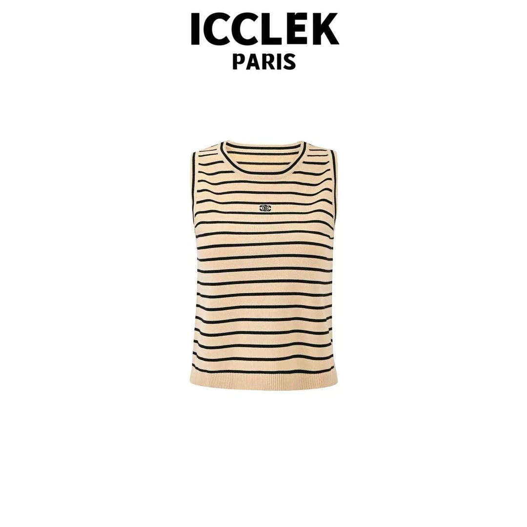 ICCLEK 杏色条纹刺绣无袖针织背心 夏季 休闲 百搭 -5235