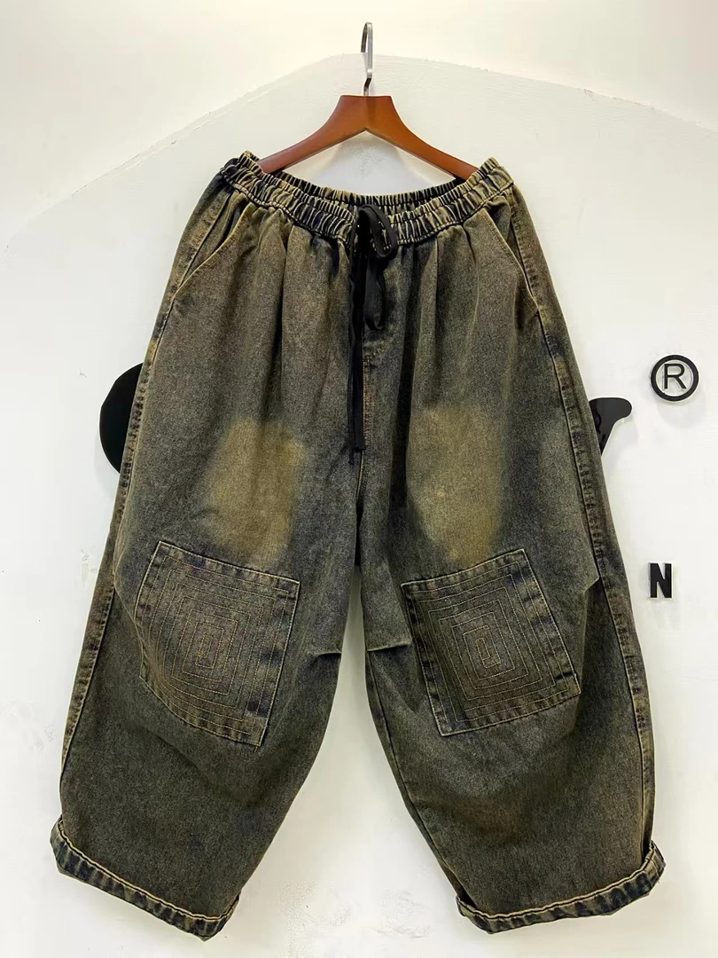 复古春夏女大码宽松休闲哈伦裤中年妈妈松紧腰做旧休闲裤老爹裤