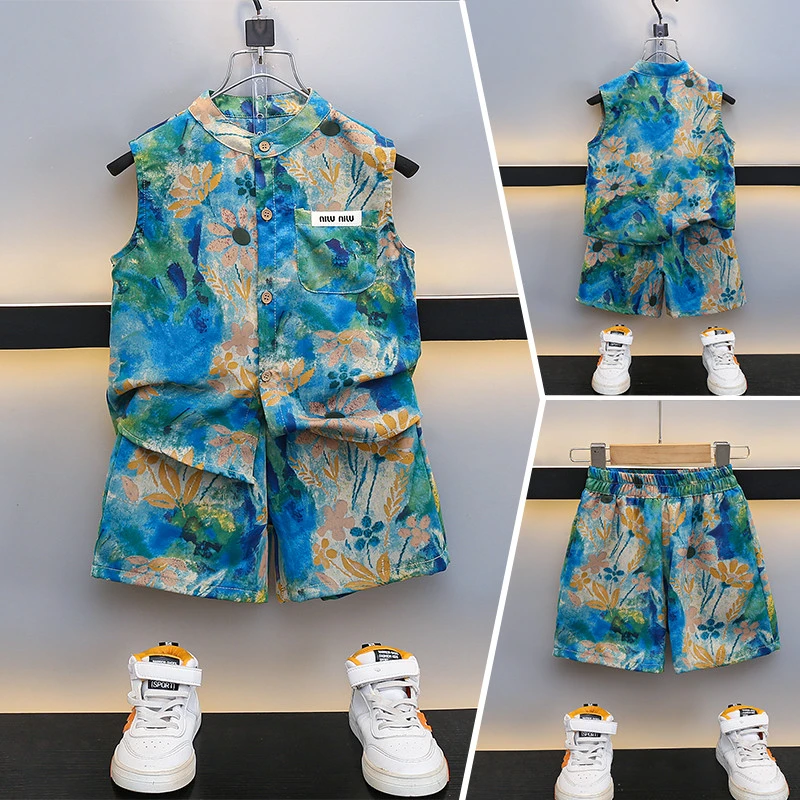 【6.6万人收藏】男童夏装2025新款宝宝夏季无袖衬衫短裤枫叶套装
