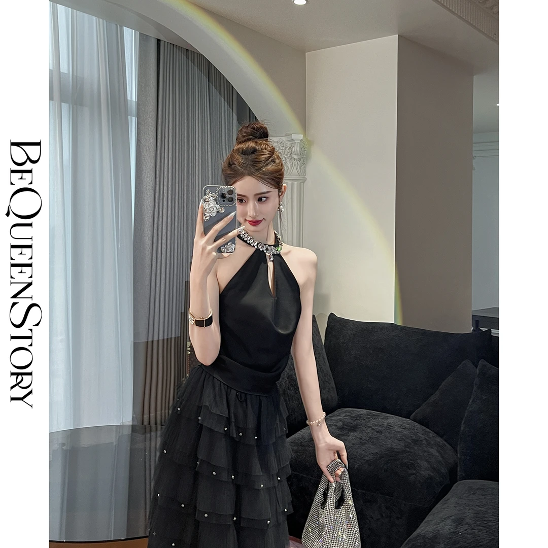 BeQueenStory【轻熟魅力】时尚贵气性感轻奢挂脖荡领女上衣背心