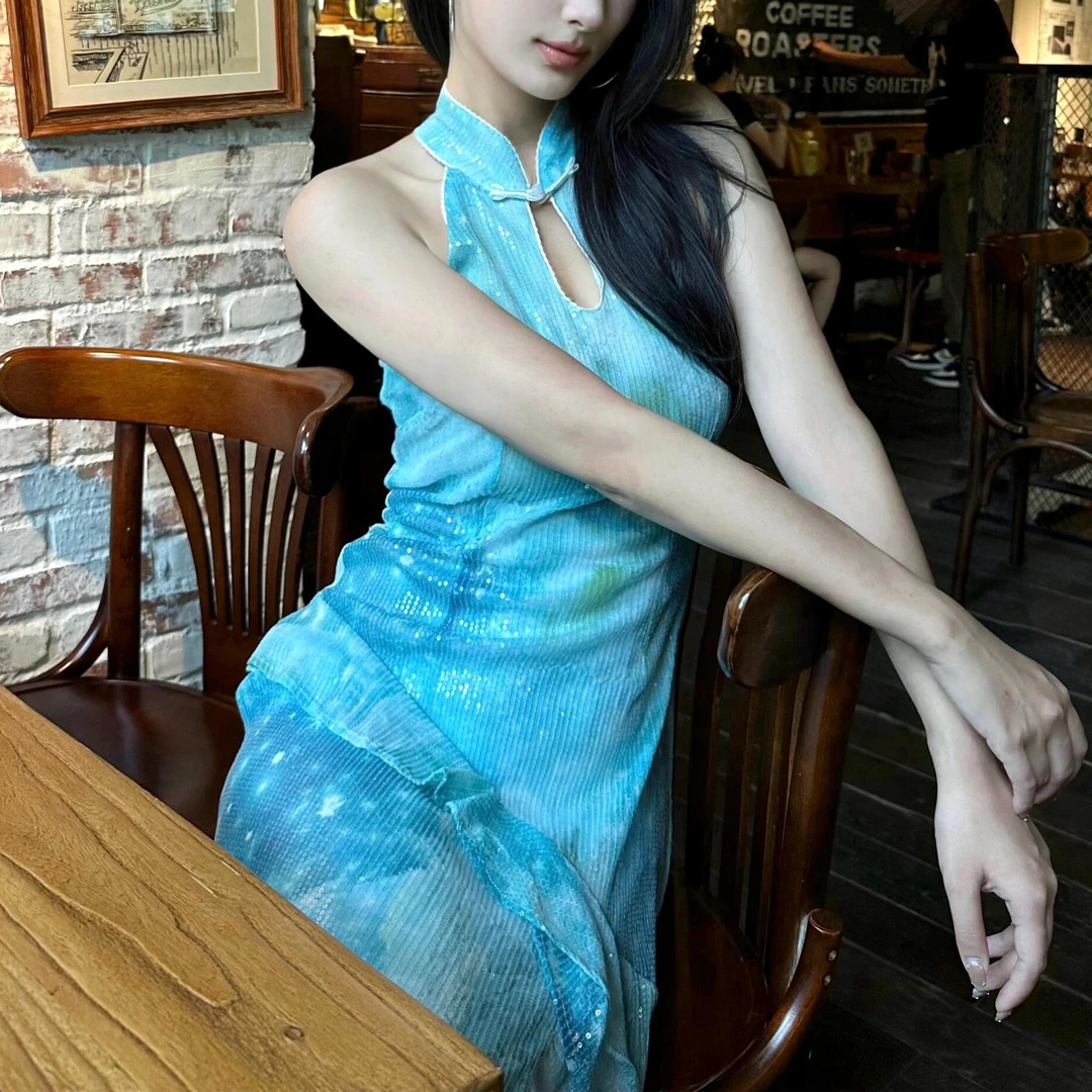 CAPPOW度假中式亮片蓝色复古旗袍气质显瘦中国风日常新中式长款