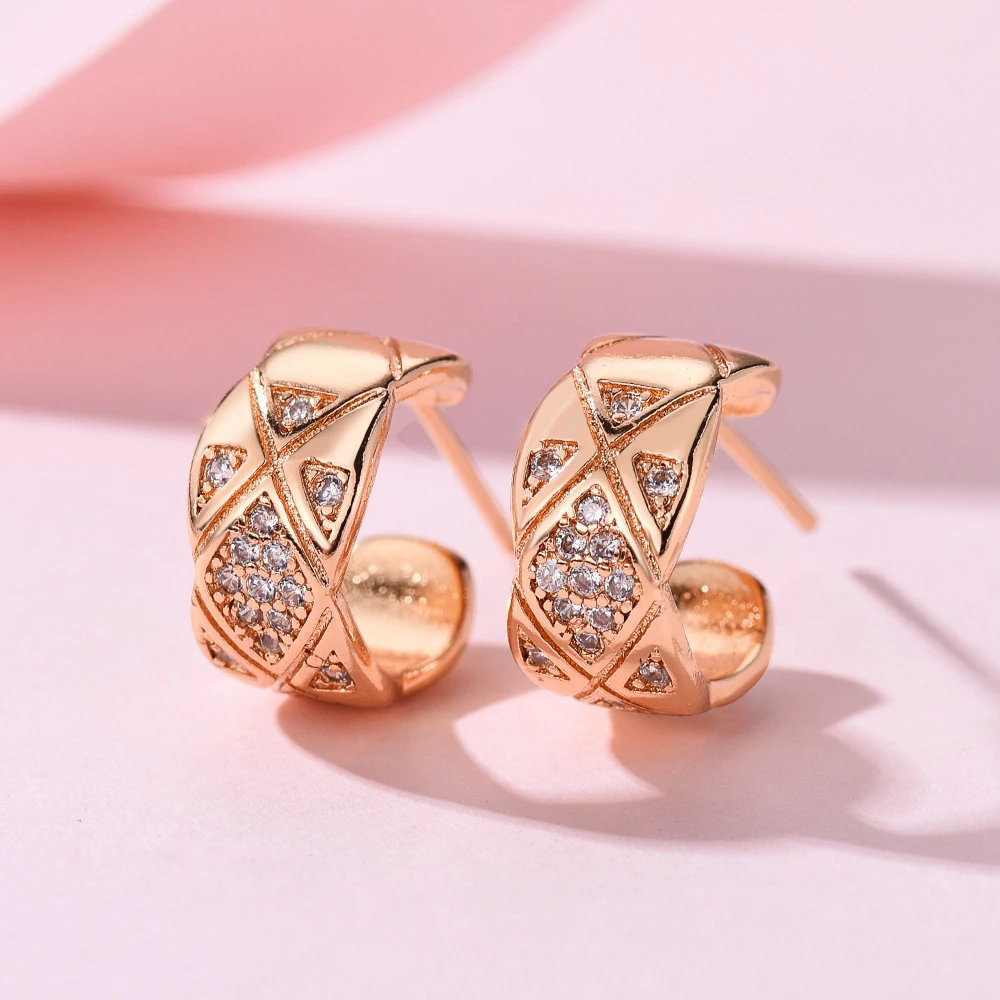 铜合金耳饰 时尚气质满钻小香风菱格耳环轻奢ins铜合金耳饰百搭