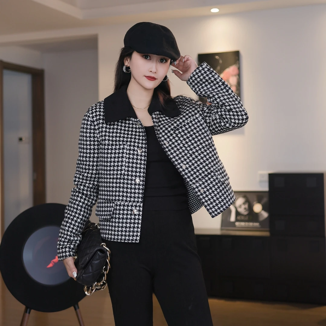 23506#格子春秋气质羊毛呢短款外套女士时尚小香风小个子呢大衣