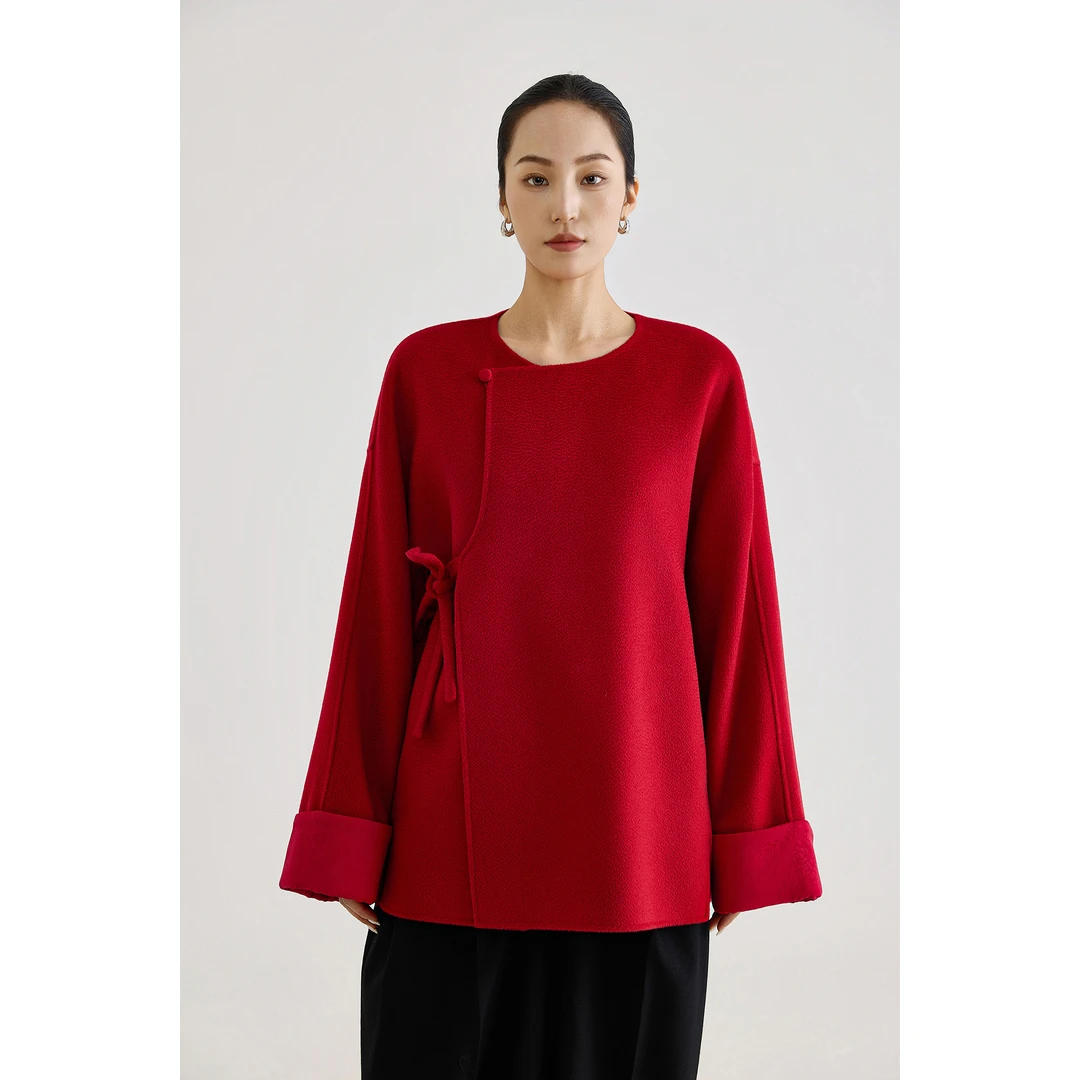 【CRANE】25冬季新款高圆圆同款新中式风中国红双面毛呢羊绒大衣