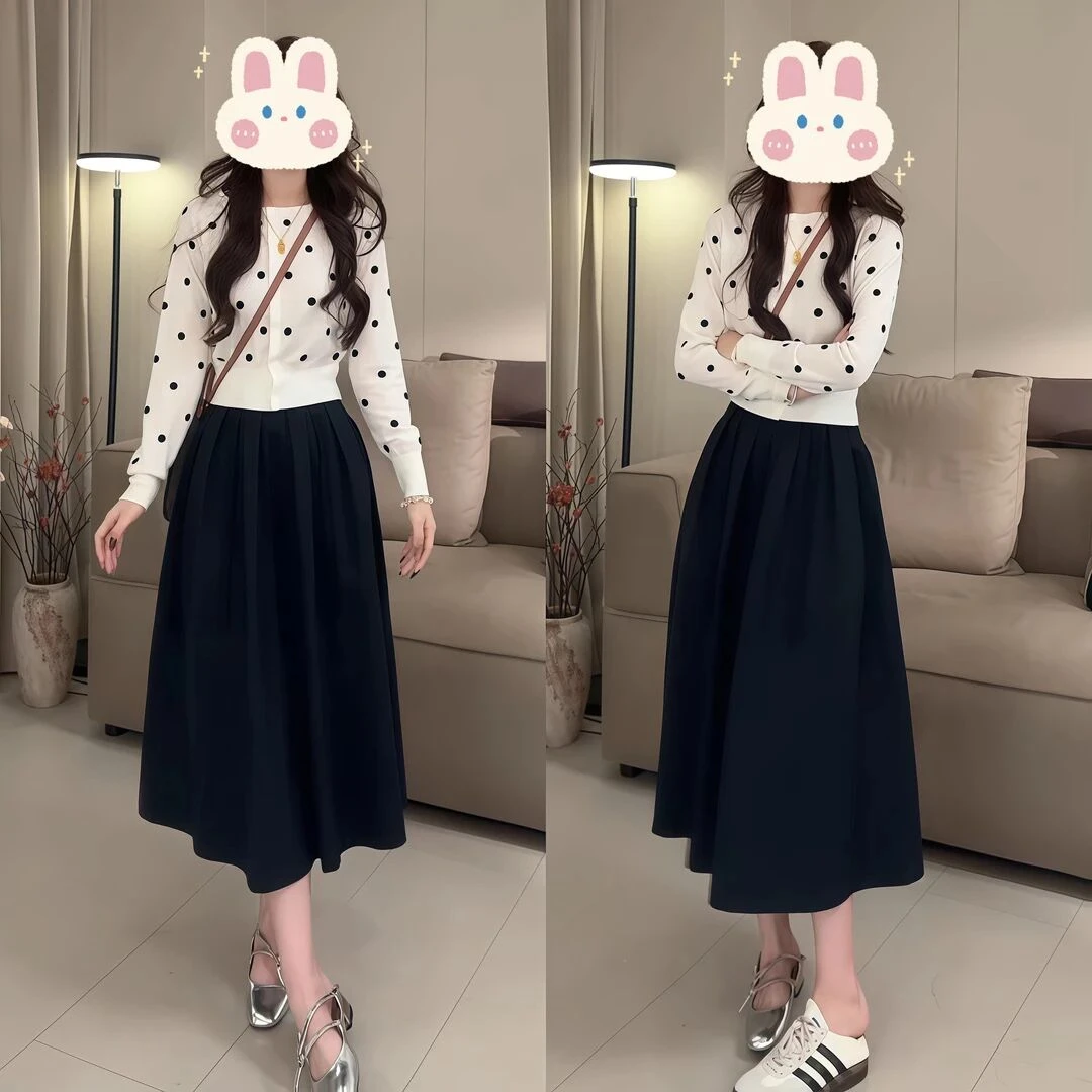 温柔风休闲套装连衣裙2025秋季新款气质波点针织开衫半身裙