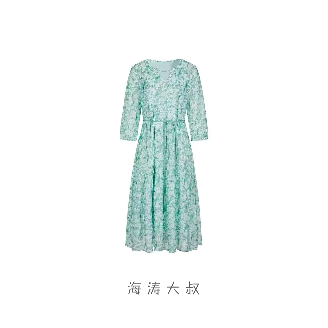 【海涛大叔】「繁华入梦」桑蚕丝碎花小V领拼接收腰泡泡袖连衣裙
