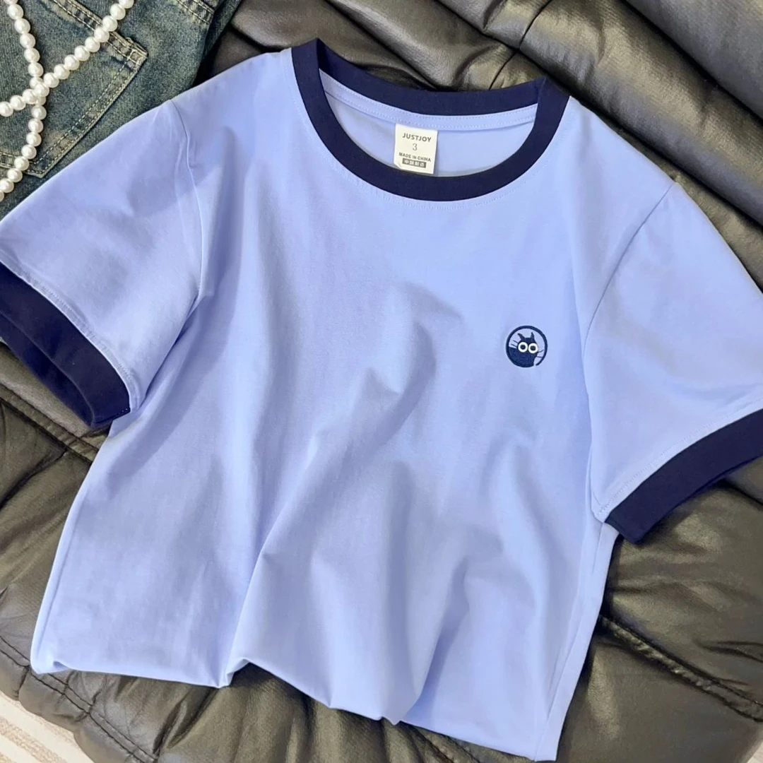 40支爽滑冰瓷棉 夏季小众设计感刺绣短袖拼接t恤女休闲上衣