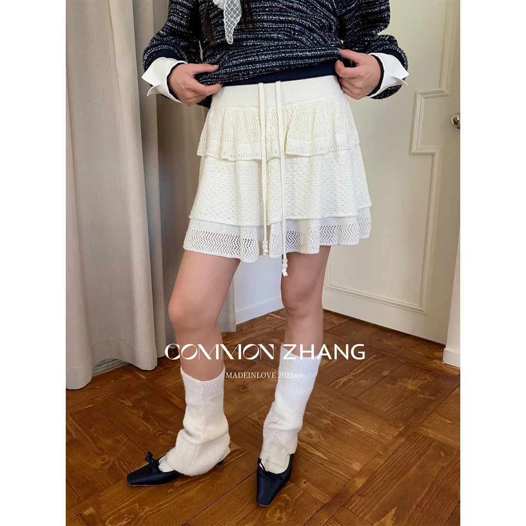 CZ ZHANG秋松紧腰抽绳针织半身裙女甜美叠层镂空A字小短裙 B35866