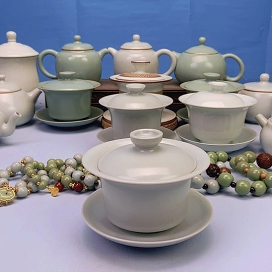 碗仿古月白马跳盖碗原矿原釉原产地