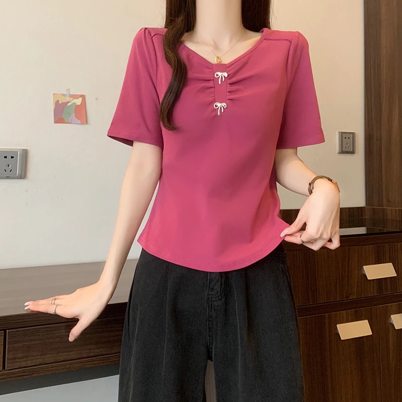 修身显瘦V领短袖T恤女2025夏季新款大码微胖妹妹洋气遮肉气质上衣