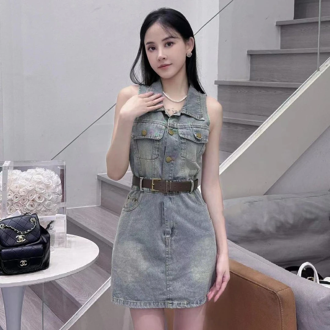 美式复古翻领无袖牛仔牛仔裙连衣裙2025夏季新款收腰修身显瘦裙子