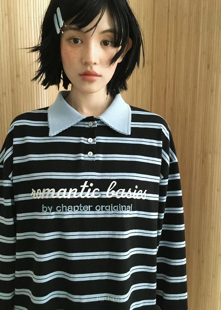 韩国东大门BY新品条纹刺绣POLO长袖T恤NO退NO换