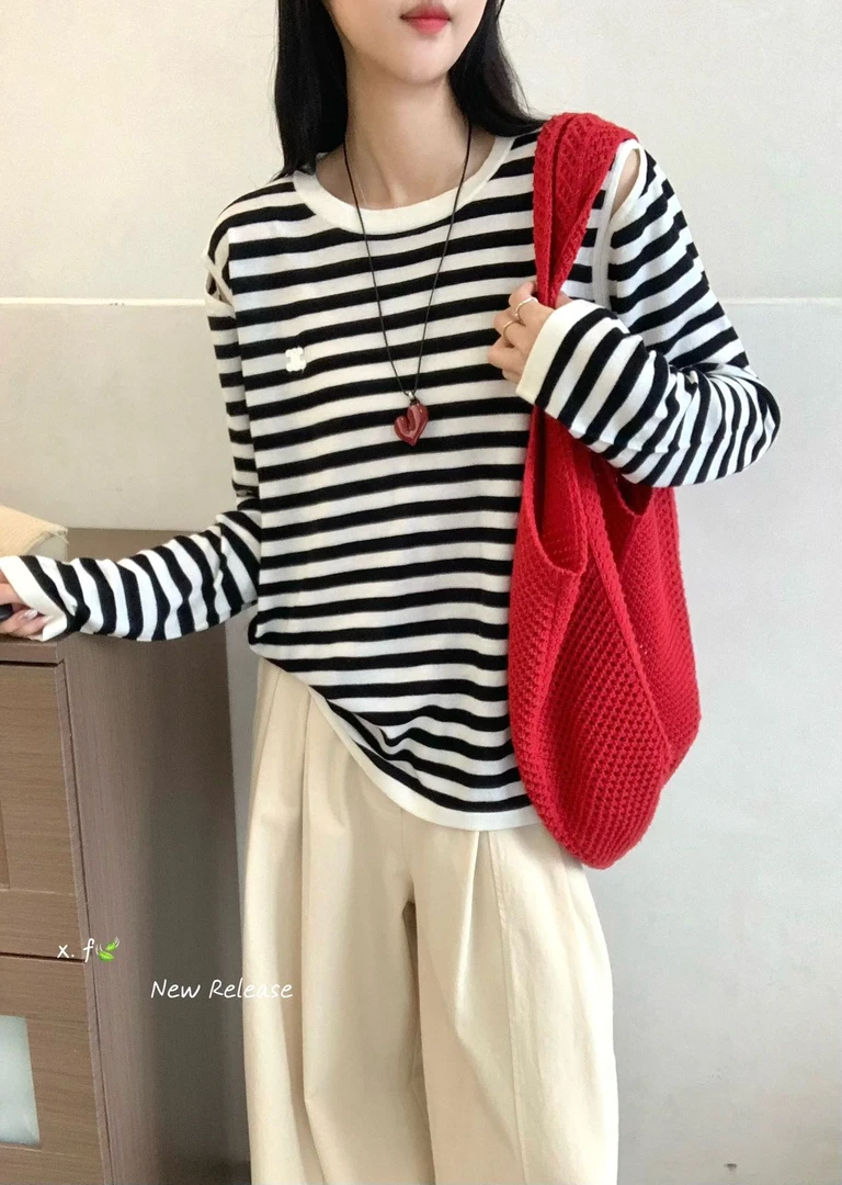 抗起球斜领长袖t恤套头圆领度假风T恤痞帅百搭显瘦针织条纹秋季