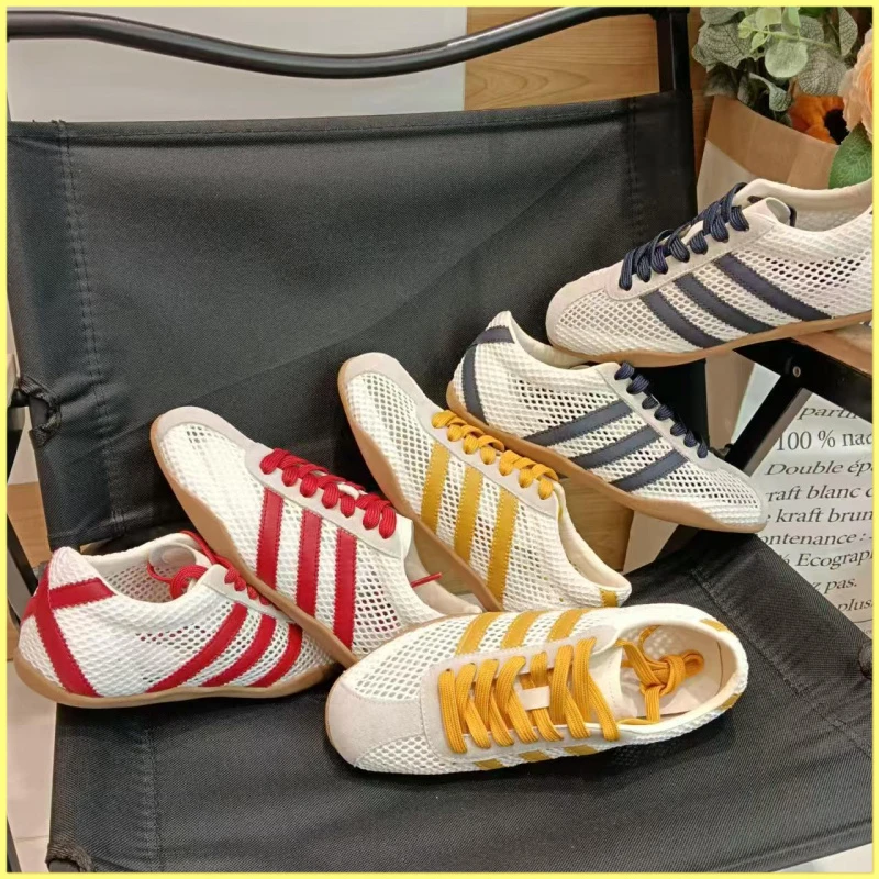 韩版真皮镂空透网德训鞋女2025夏新款轻便舒适软底百搭休闲运动鞋