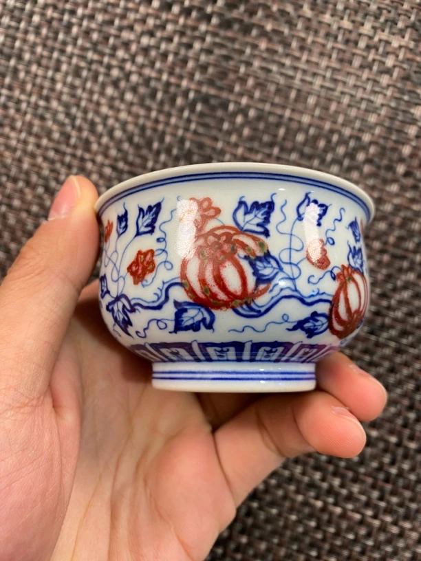 润古雅赏 青花釉里红西瓜小炉式杯 满容100cc
