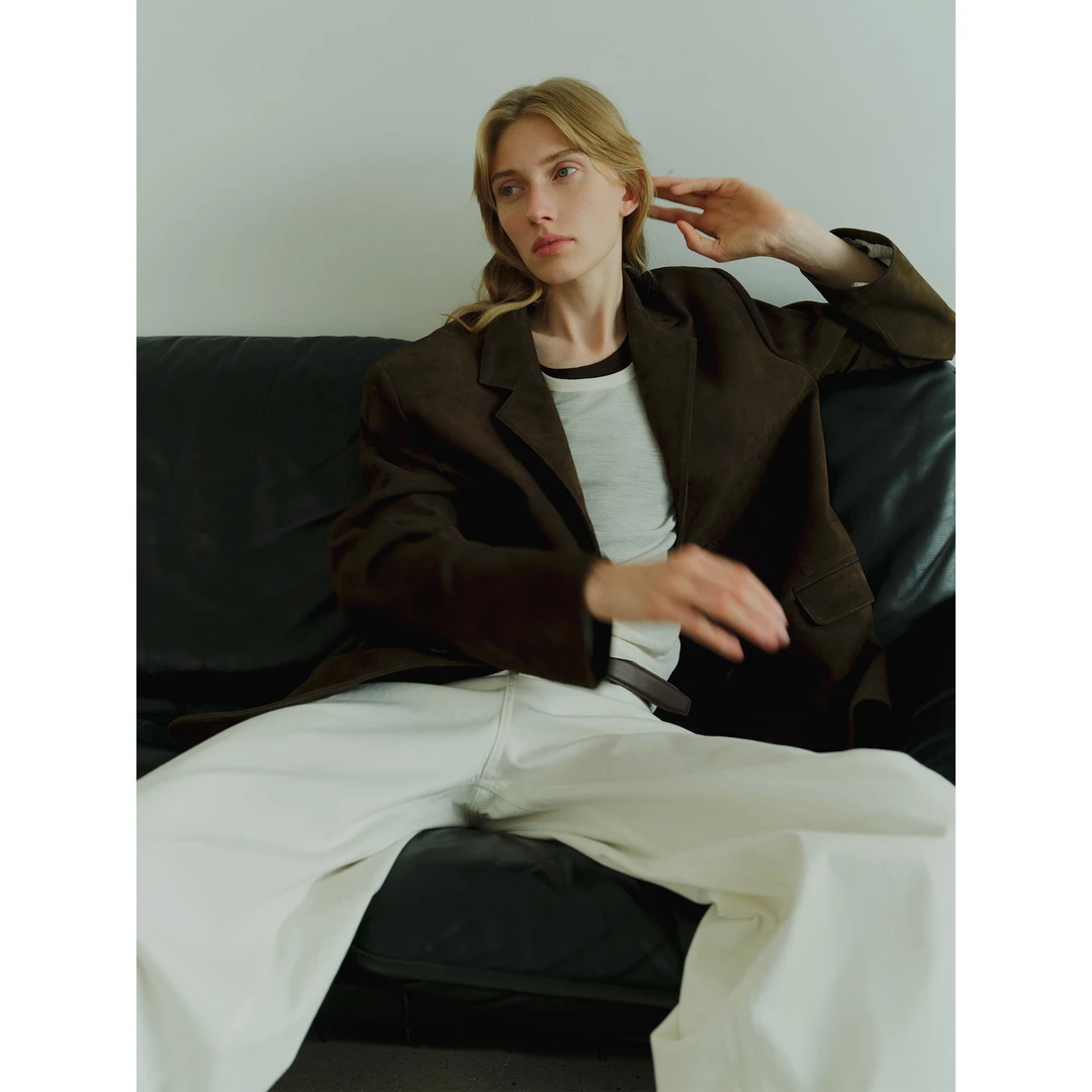 MSBEAST北欧港湾 进口羊皮绒面宽松廓形美拉德真皮皮衣西装外套女