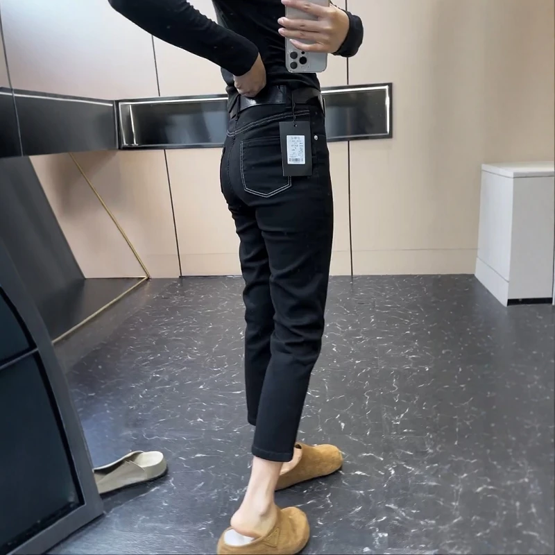 黑色明线设计弹力直筒牛仔裤女2025秋季新款高腰显瘦八分烟管裤子