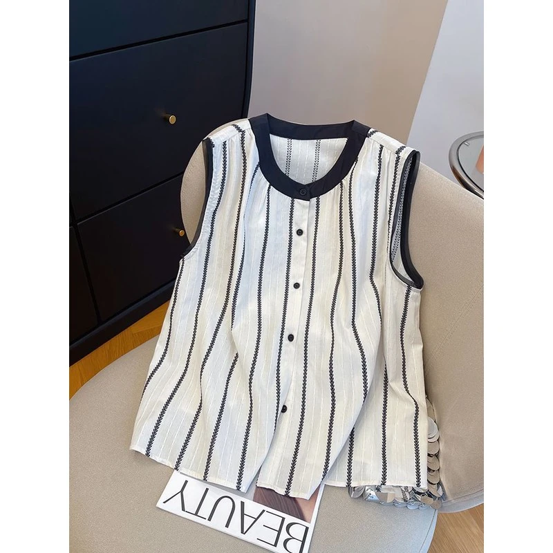 高级感条纹薄款无袖衬衫女2025年夏季新款宽松撞色小个撞色条纹女