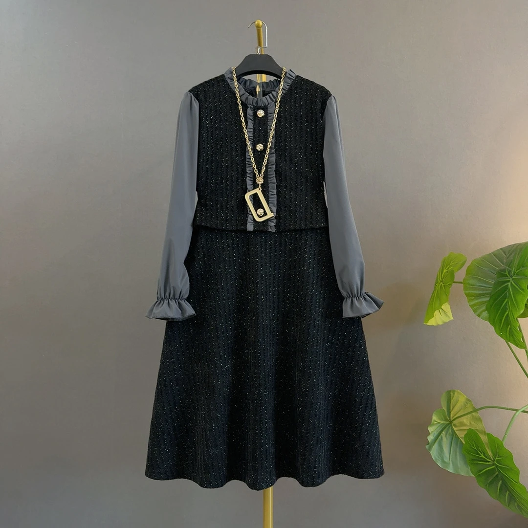 胖mm时尚新款气质减龄小香纽扣拼接假俩件长袖遮肉显瘦大码连衣裙