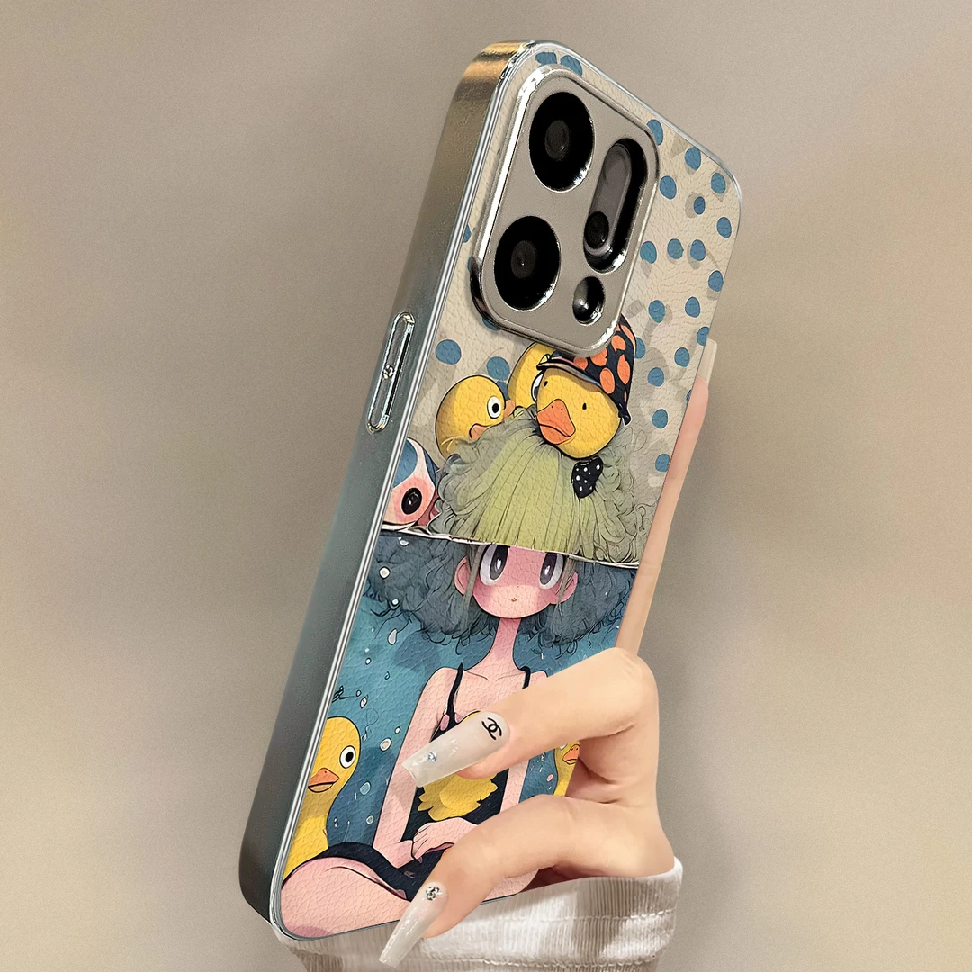 黄鸭女孩适用于opporeno14pro手机壳新款皮纹Reno6/7/8/9全包防摔