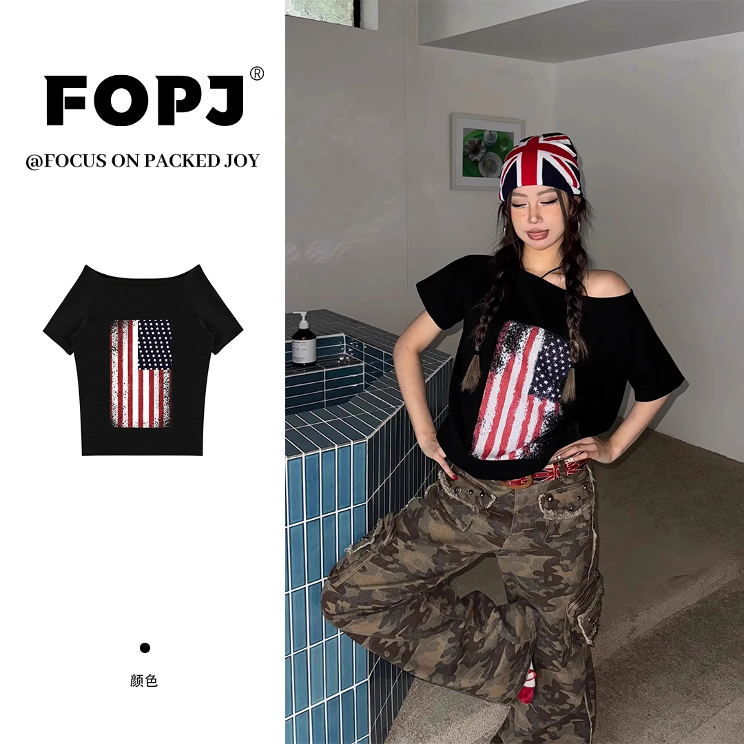 FOPJ纯欲风斜领露肩短袖t恤女夏季新款宽松美式休闲设计感上衣ins
