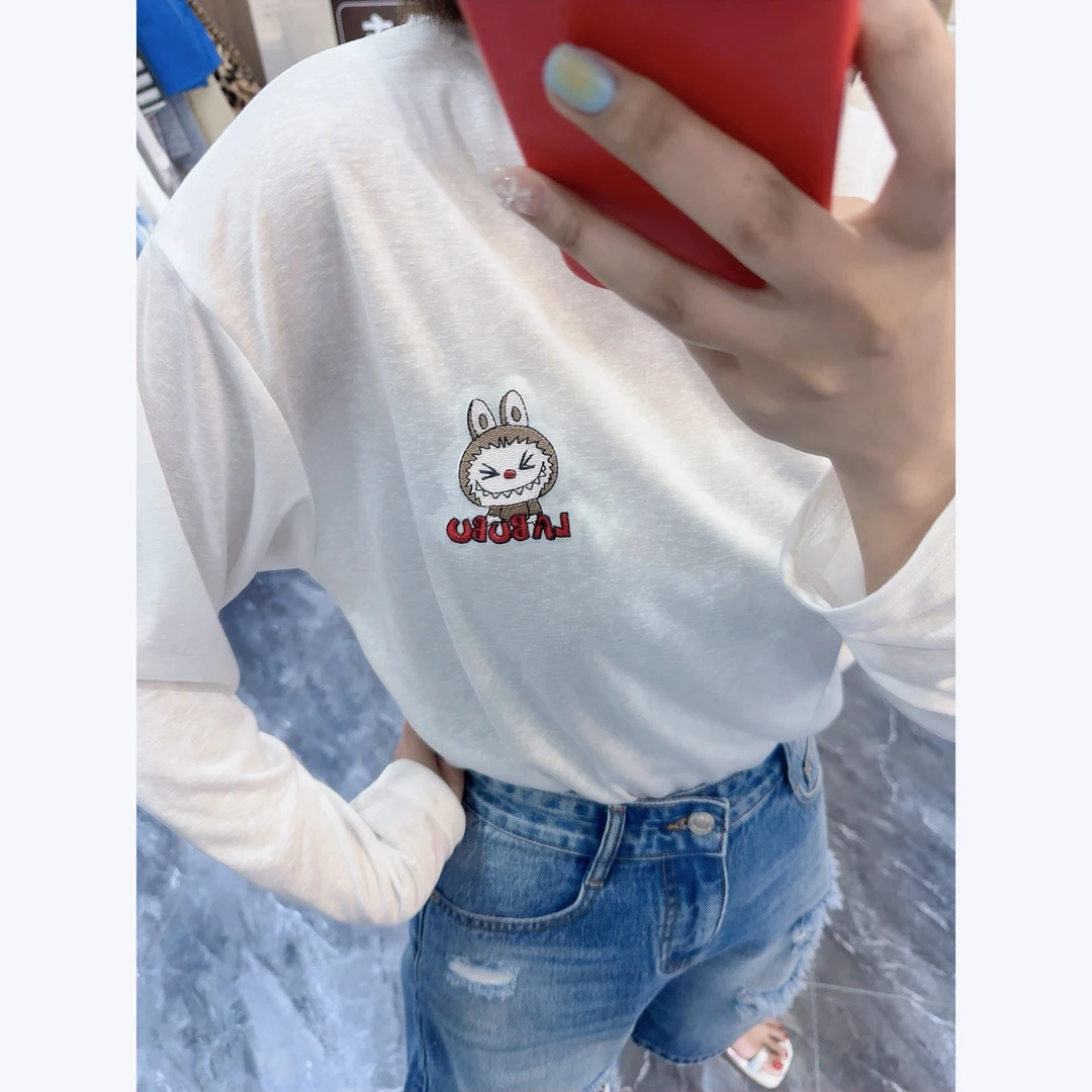 童趣可爱刺绣后背图案防晒T恤