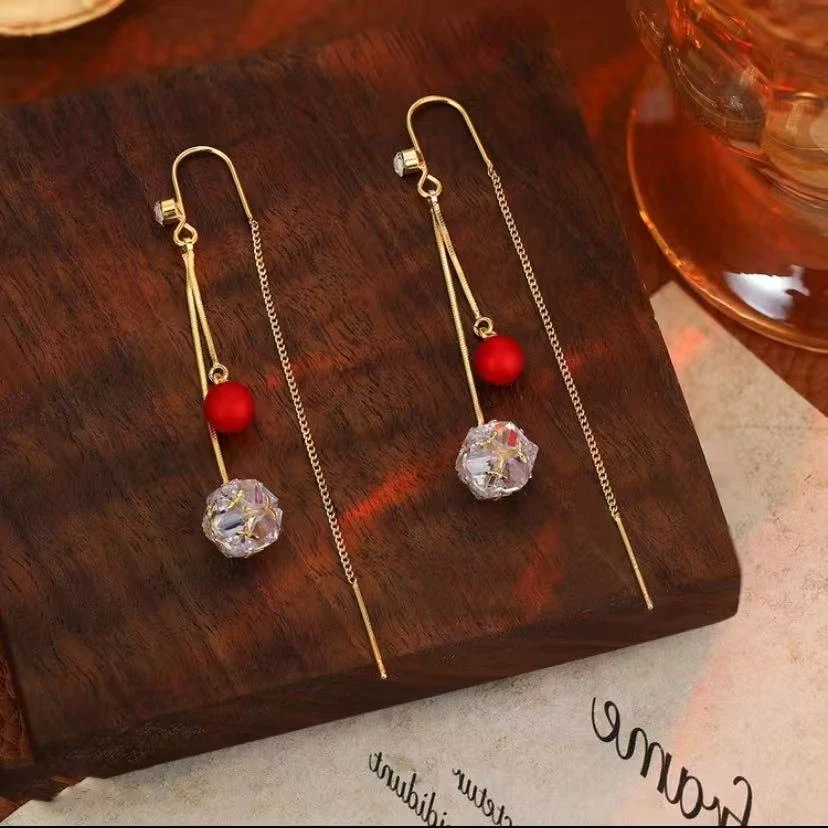 铜合金合成锆石耳饰 056过年红色女式女士轻奢时尚耳钉耳线气质