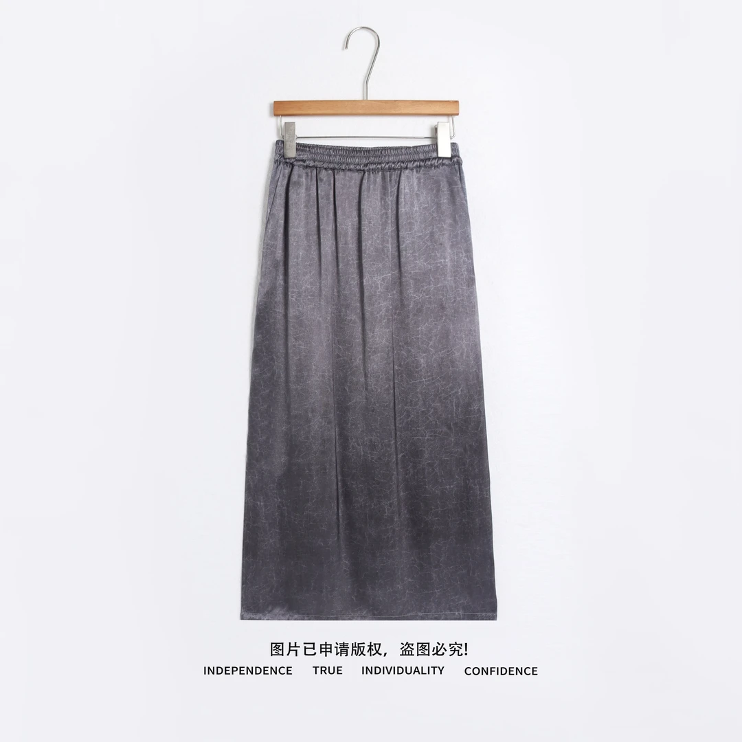 温温【汉韵】人丝侧开叉半身裙秋季女带口袋松紧腰灰色长裙400152