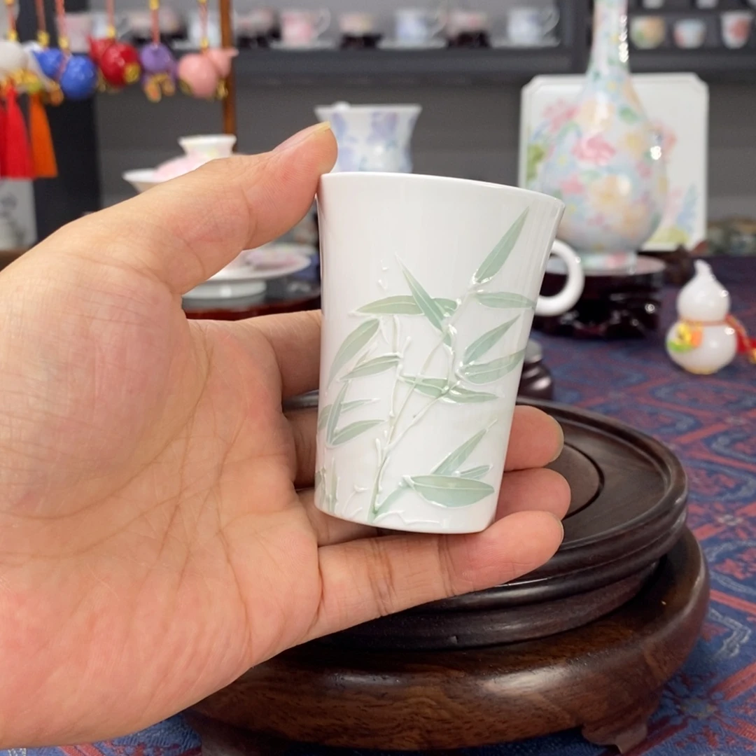 竹子品茗杯手绘釉下高温