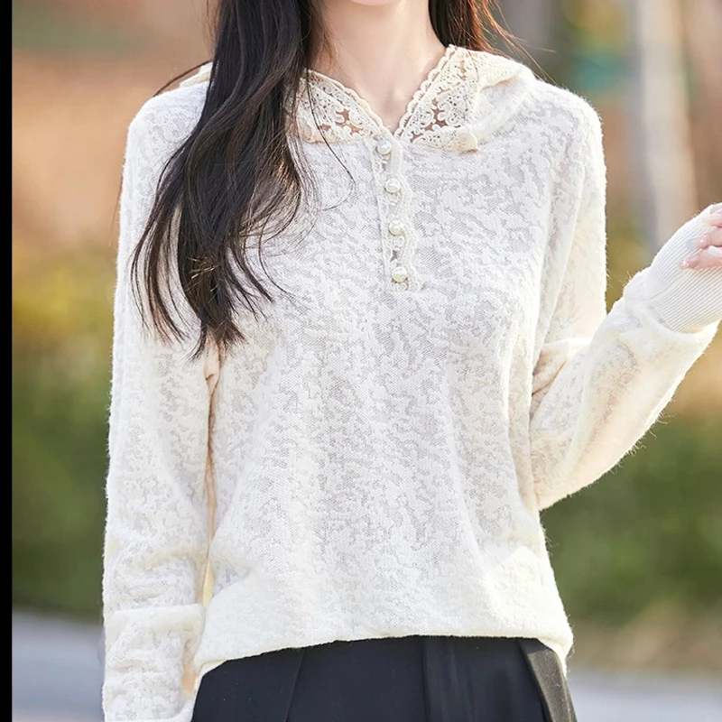 2025春季新款时尚重工欧根丝打底针织衫连帽小衫