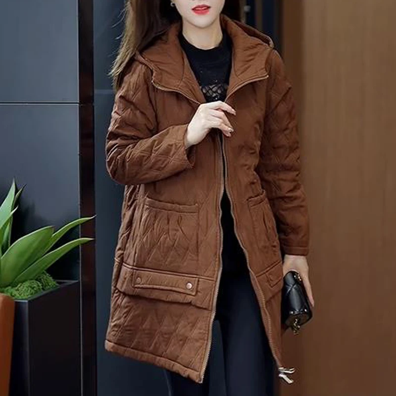 2025冬季新款复古宽松格子中长款连帽棉衣女加棉加厚大码保暖棉袄