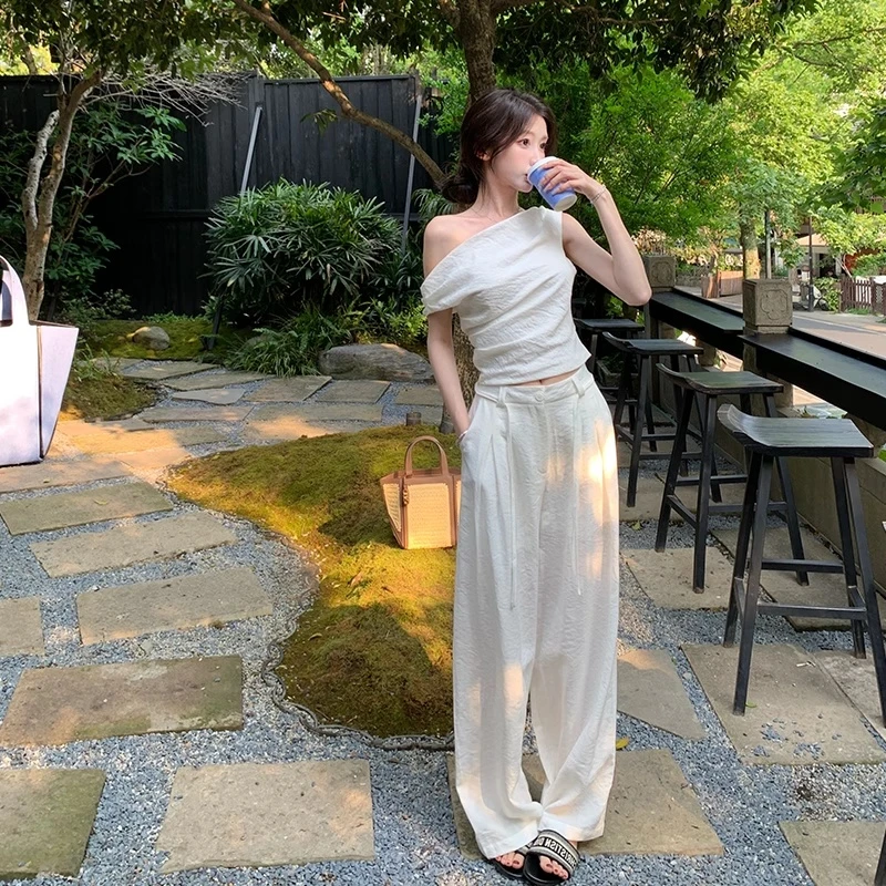 solo爆爆~夏日清甜~斜肩短袖T恤高腰显瘦阔腿裤女度假风麻料套装