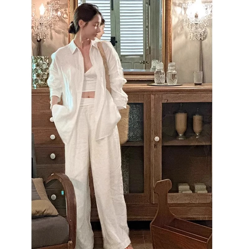 白色亚麻衬衫时尚套装女2025夏季新款气质休闲防晒上衣长裤两件套