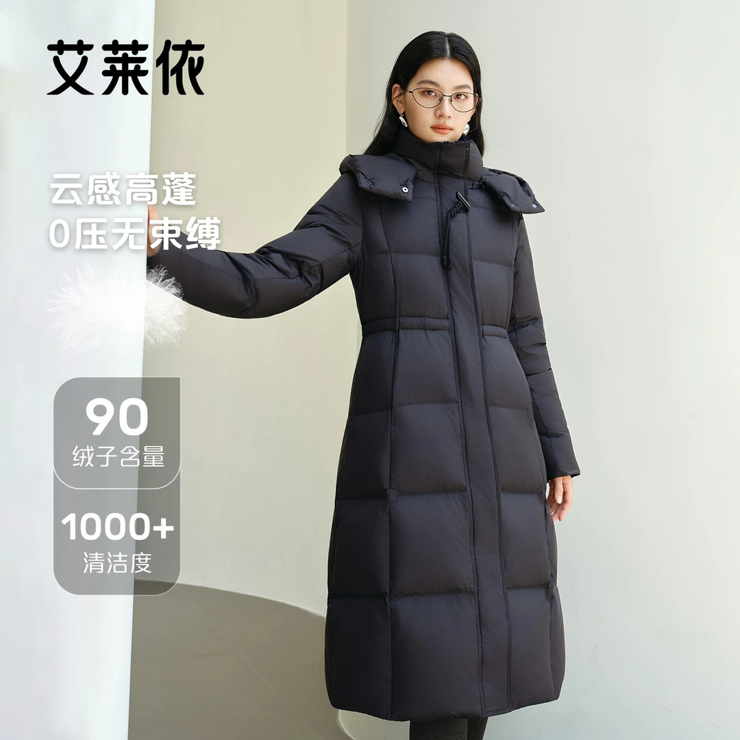 艾莱依时装90绒女立领连帽长款防风云感无束缚羽绒外套1123