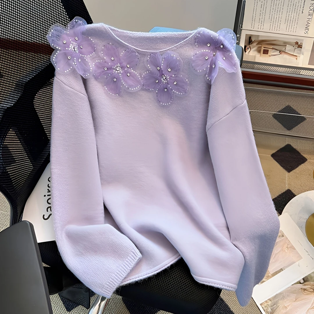 韩系甜美花朵重工钉珠设计感圆领毛衣秋冬新款宽松减龄长袖针织衫